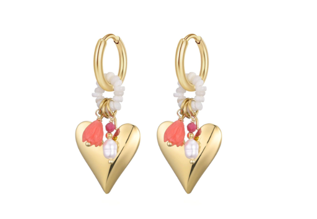 Oorbellen Hart goud oranje parel bloemdetail dames | Coco & Co