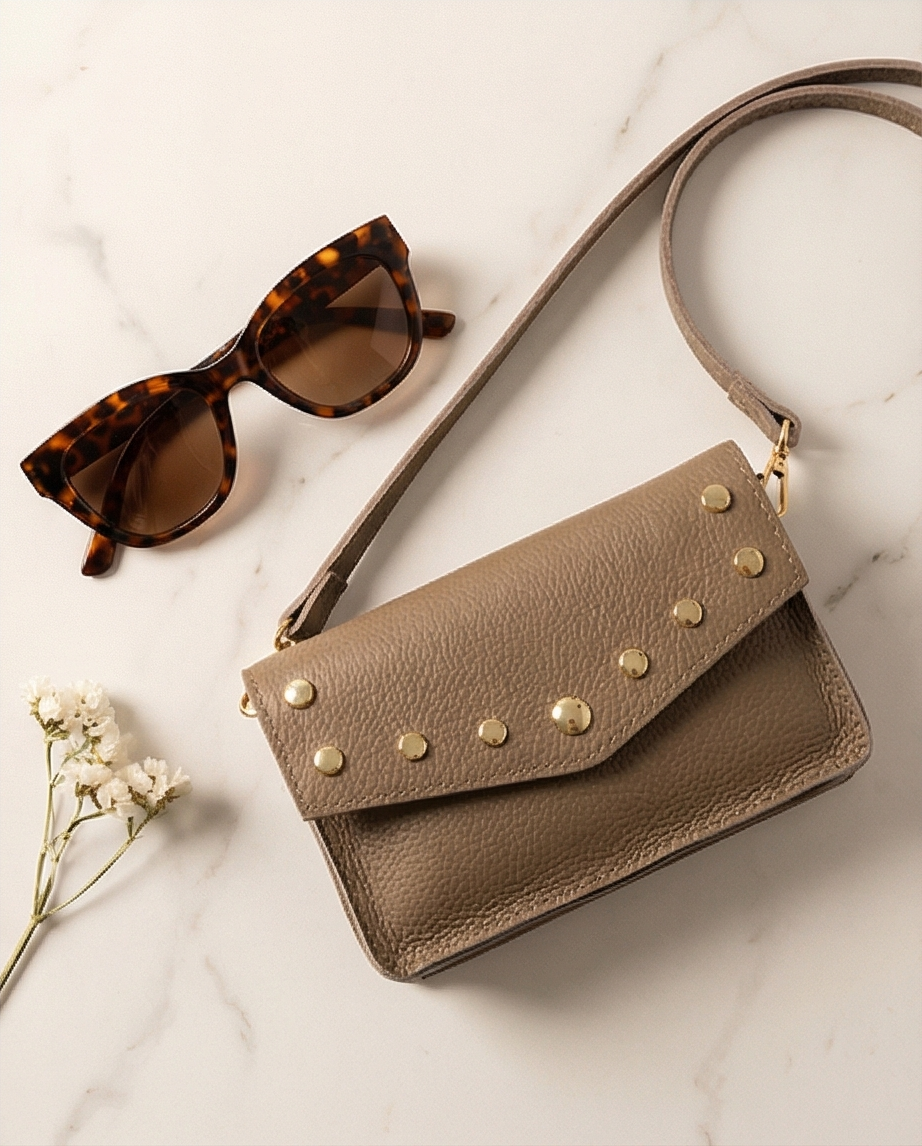 Sparkling Crossbody taupe grain leren tas dames | Coco & Co