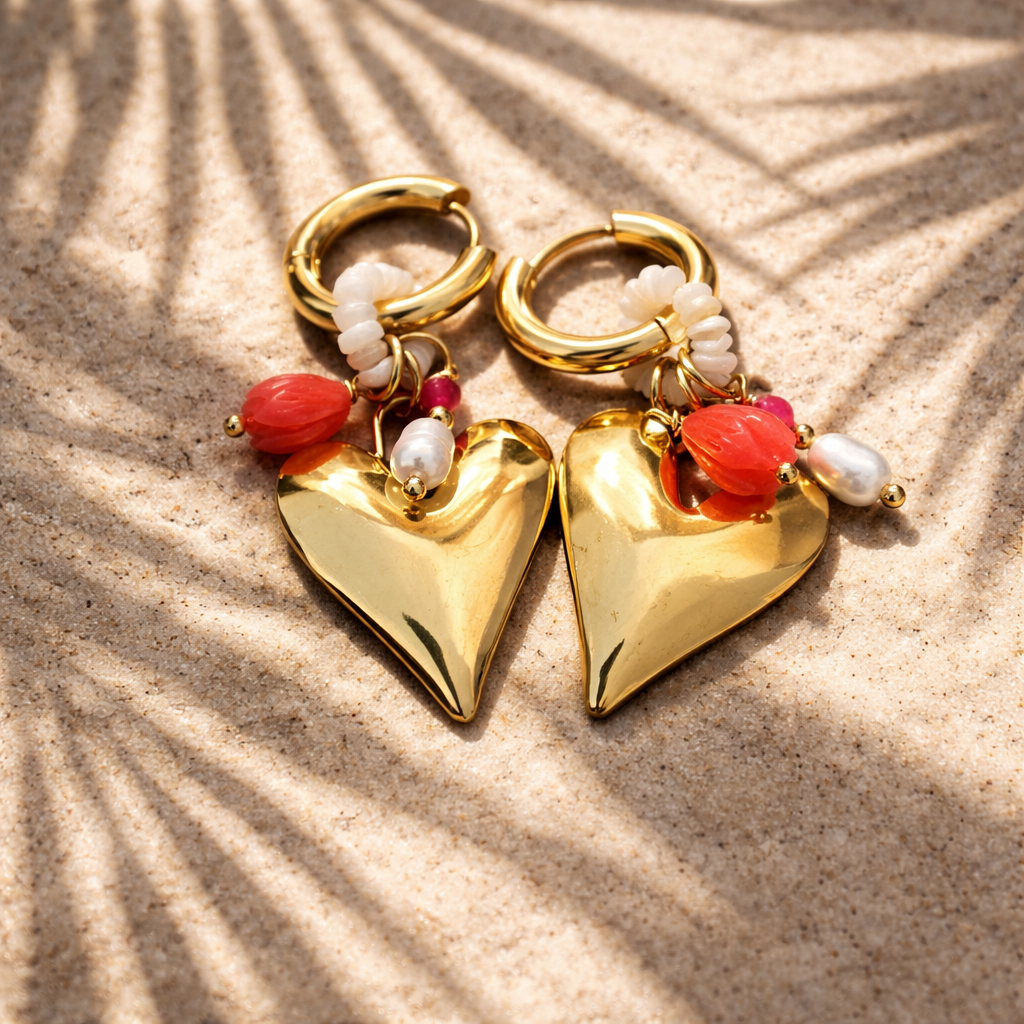 Oorbellen Hart goud oranje parel bloemdetail dames | Coco & Co