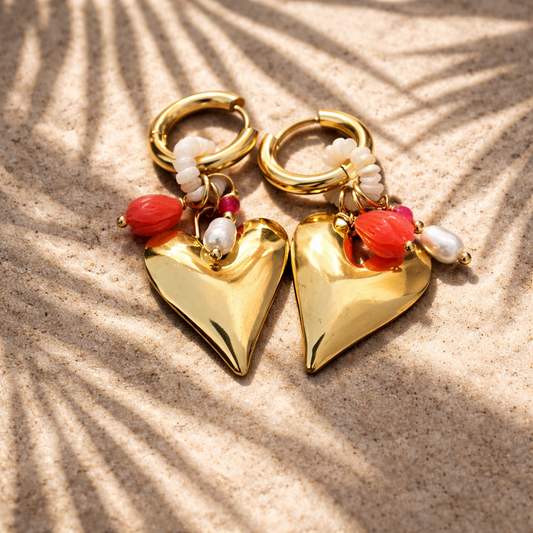 Oorbellen Hart goud oranje parel bloemdetail dames | Coco & Co