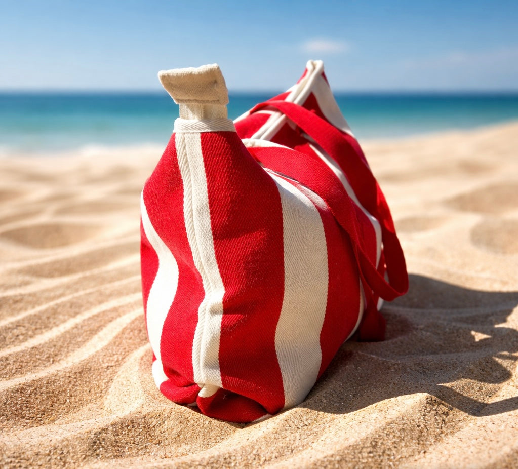 Strandtas rood wit gedragen look dames | Coco & Co